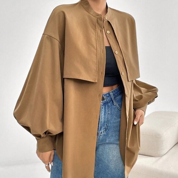 Tops - Casual Women's Lantern long Sleeve button down Blouse Tan